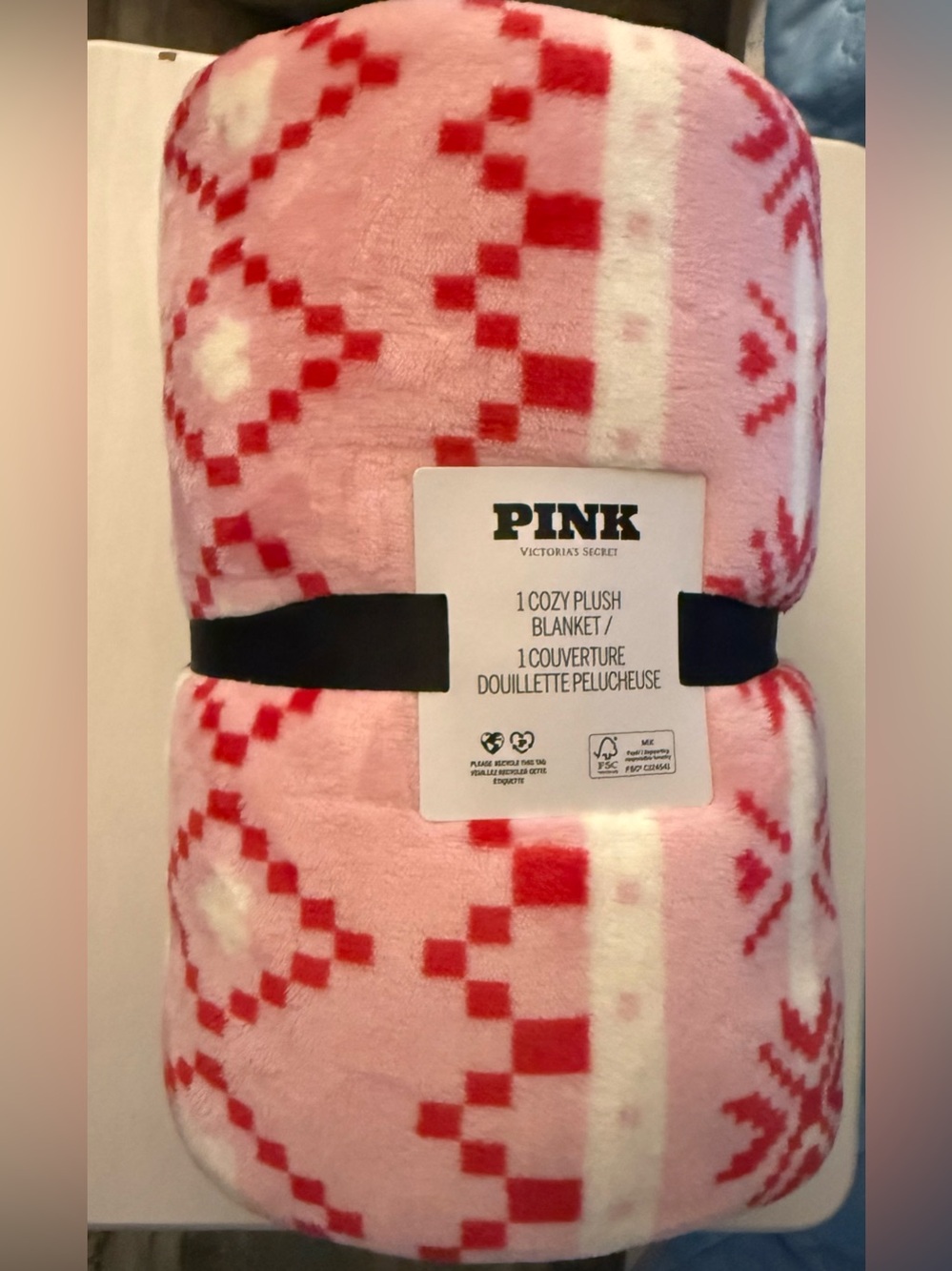 PINK Victoria's Secret Plush Throw Blanket - White, Light Pink & Red
